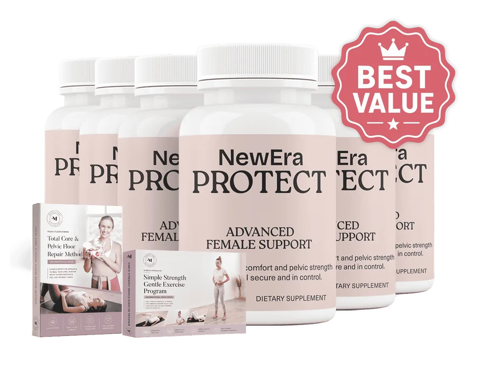 Six bottles of NewEra Protect with the Pelvic Floor Strong and Simple Strength bonus programs and a Best Value badge